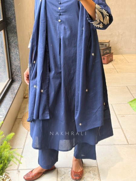 Zoryn Blue Anarkali Kurta Pant Set with Sleeve Embroidery