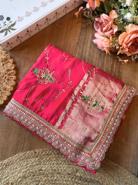 Koshira Red Pure Dola Silk Saree WIth Gotta Patti, Resham & Scalloped Zari Border