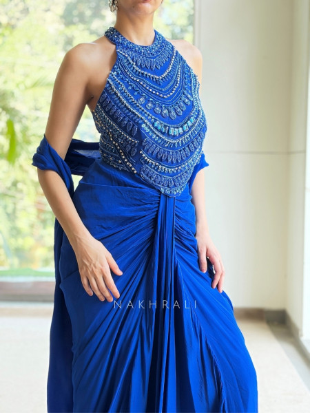 Teera Royal Blue Indo-Western Draped Skirt Set