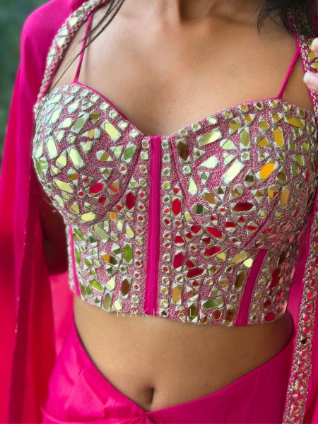 Glimmering  Magenta Georgette Crop Top Dhoti Skirt Set with Cape