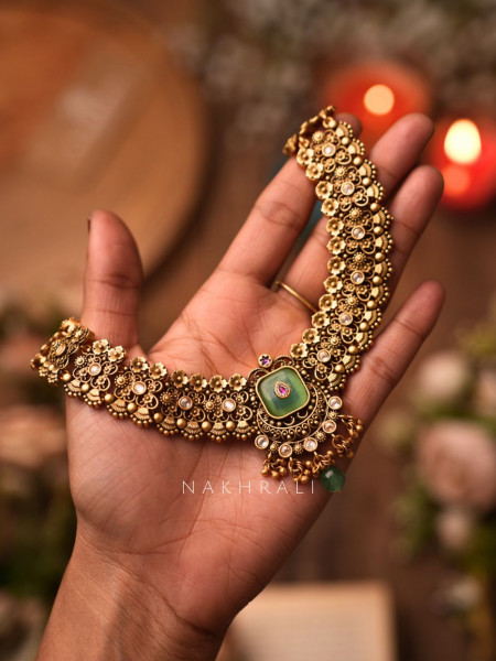 Sajni Antique Gold Necklace Set with Green Stone
