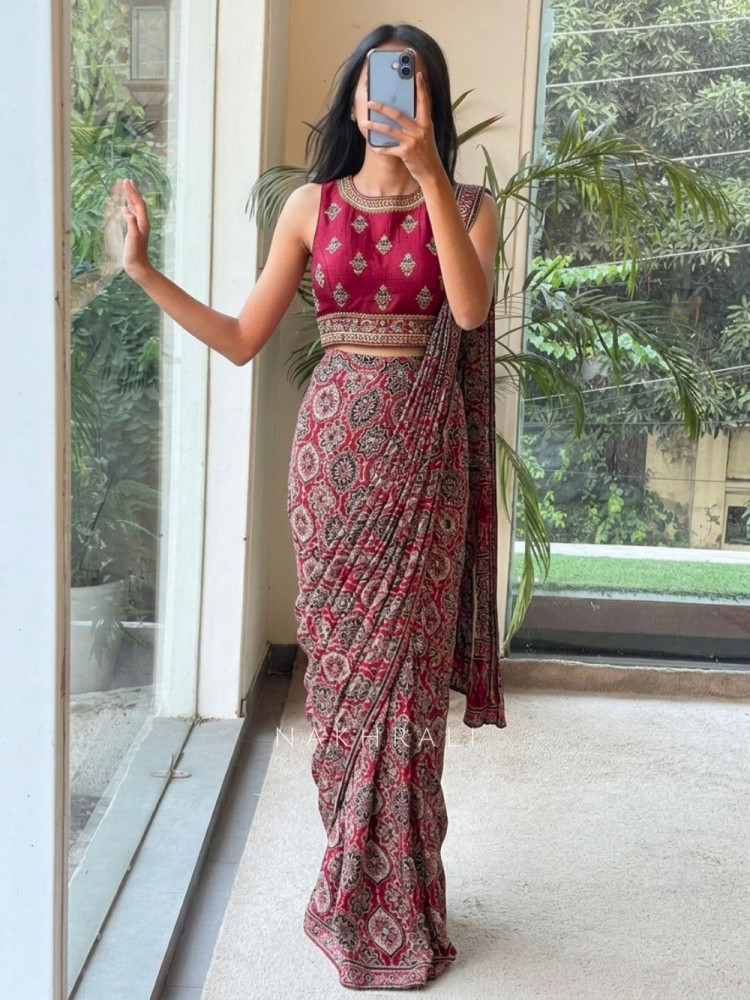 Image of Ajrak Maroon Pre-Draped Saree