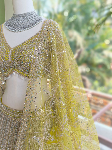 Rivarka Yellow  Mirror and Bead Embroidered Bridal Lehenga