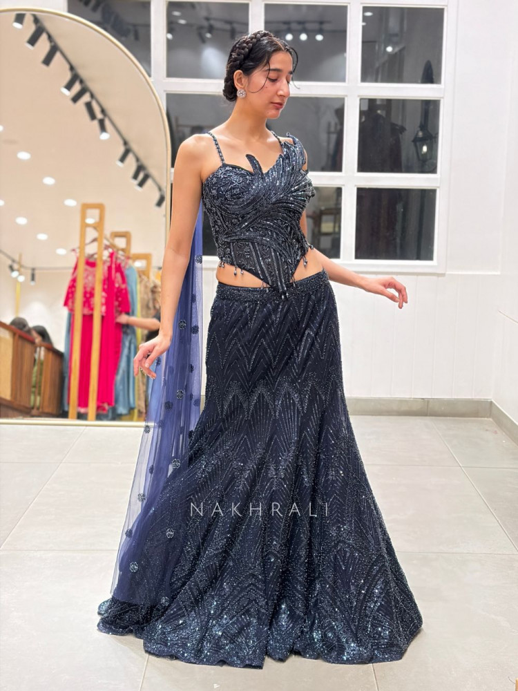 Image of Graphite Blue Mesh Net &amp; Shimmer Georgette Indo Western Mermaid Crop Top Skirt Set