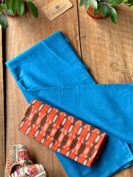 Sutra Blue Solid Cotton Saree with Printed Blouse