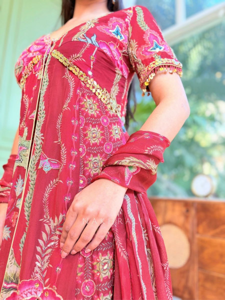 Irene Red Floral Indowestern Palazzo Set with Printed Cape