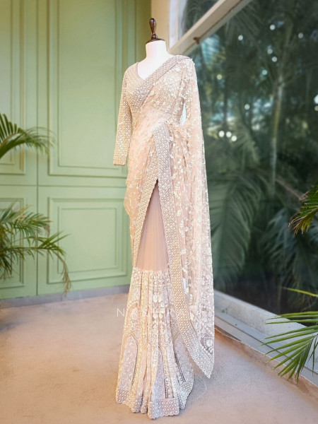 Ivory Sand Embroidered Net Saree with Readymade Blouse