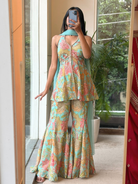 Gul-o-Glow  Sea Green Halter Neck Floral Sharara Suit