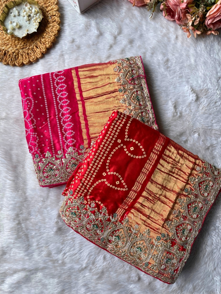 Image of Noor-E-Rangati Magenta Bandhani Saree with Zari Border