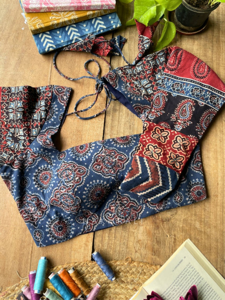 Sutr-rang Navy Blue Blouse Mixed Print Detail