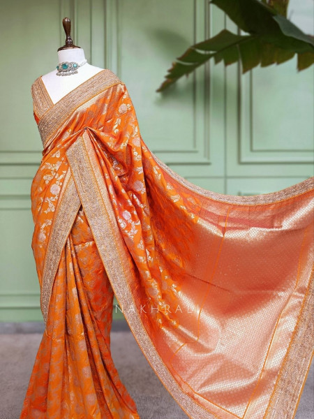Kanakrekha Orange Banarasi Katan Silk Saree with Zari Jaal and Sequin Border