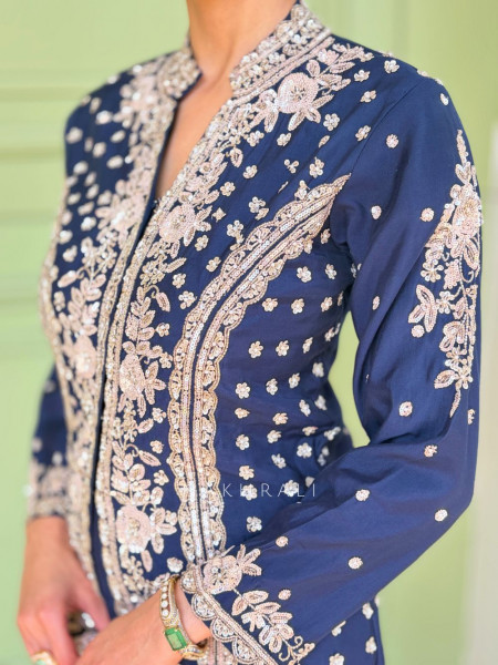 Navy Blue Chiffon Jacket Skirt Set