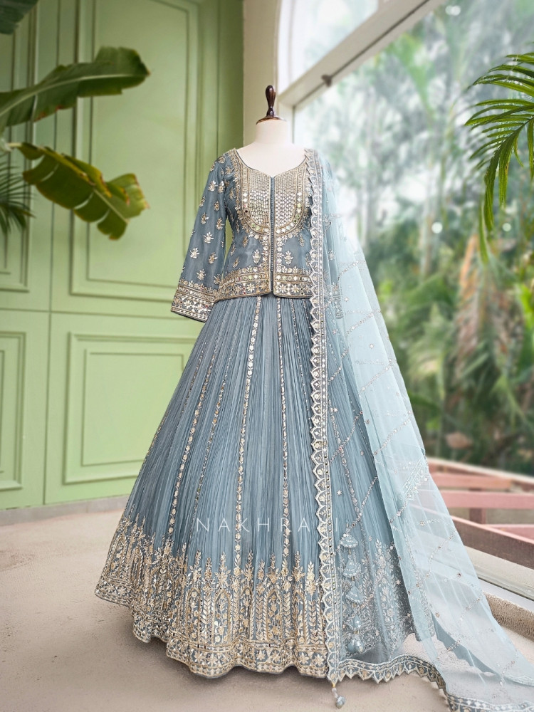 Image of Slatecrest Grey Chinnon &amp; Soft Net Jacket Lehenga Set