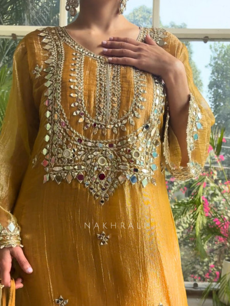Poise Mustard Tissue Long Dress with Mirror and Zari Work