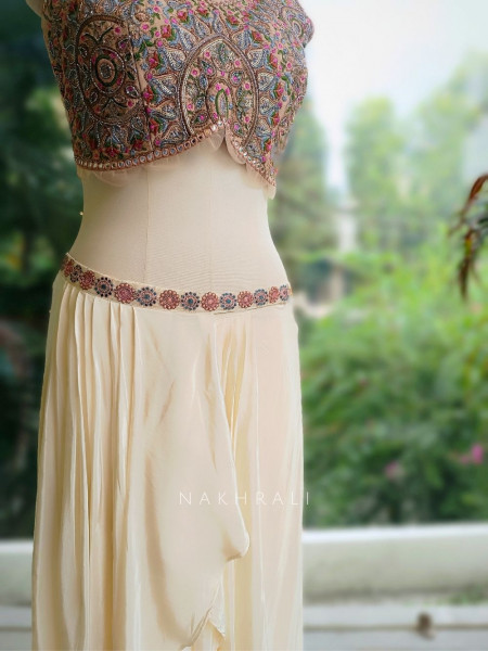 Ivory Crop Top and Skirt Set with Embroidered Cape