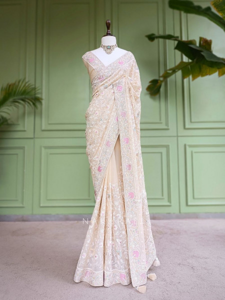 Keki Bloom Cream Chikankari  Saree With Running Blouse Piece Chikankari