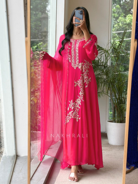 Sorrel Magenta Organza Georgette Layered Sharara Suit Set