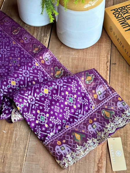 Zoraya Purple Ghatchola Saree with Elephant Motif Border