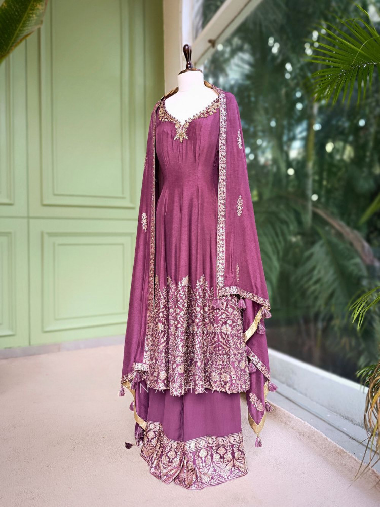 Image of Sashi Purple Zari Embroidered Anarkali Palazzo Set with Dupatta