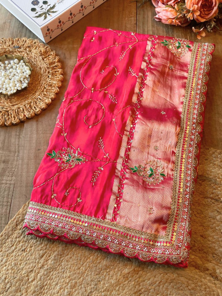 Koshira Red Pure Dola Silk Saree WIth Gotta Patti, Resham & Scalloped Zari Border