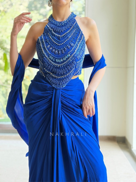Teera Royal Blue Indo-Western Draped Skirt Set