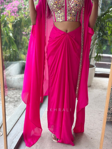 Glimmering  Magenta Georgette Crop Top Dhoti Skirt Set with Cape