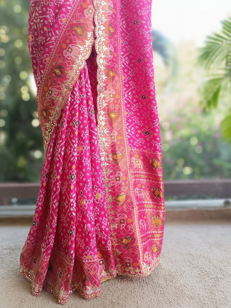 Zoraya Pink Patola Saree with Elephant Motif Border