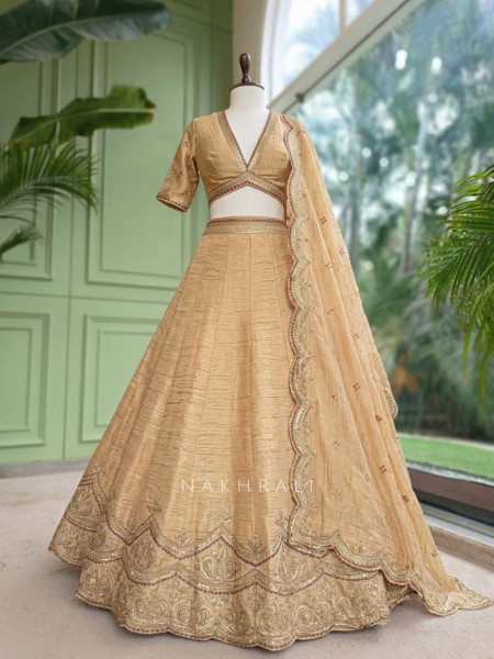 Mehrab-Noor Mehendi Green Tussar Lehenga