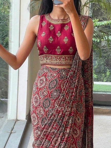 Ajrak Maroon Pre-Draped Saree