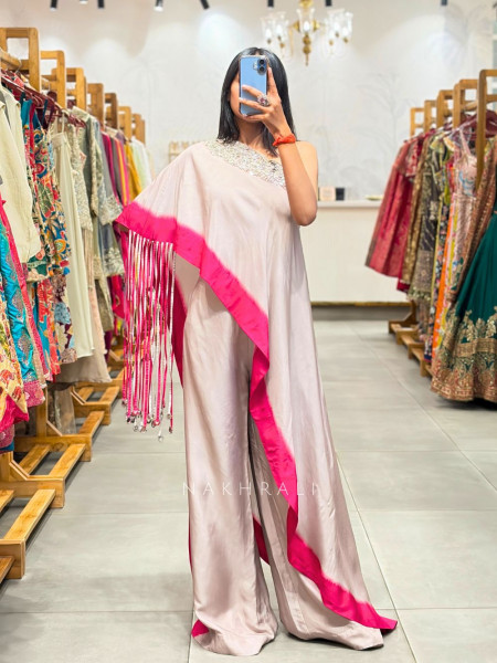 Elvara Grey Draped Indo Western Set with Embellished Neck & Tassel Detail