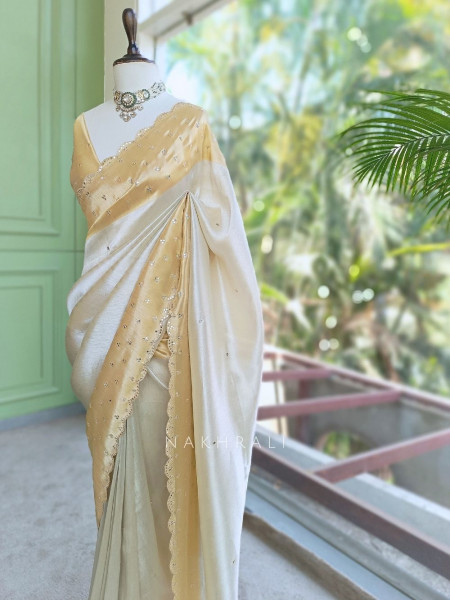 Kamali Cream Saree with Mirror Work