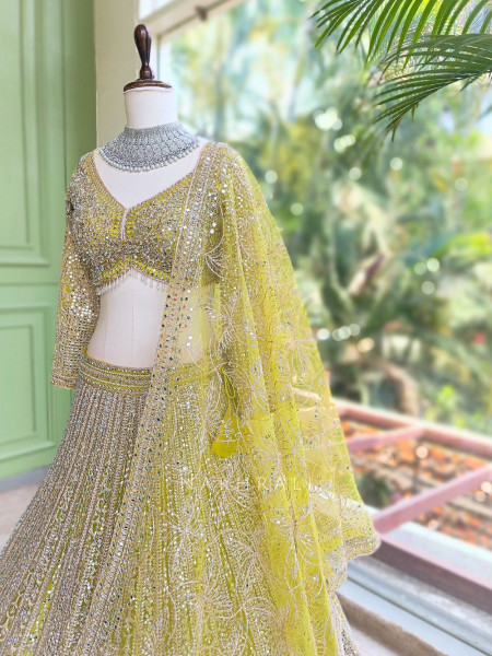 Rivarka Yellow  Mirror and Bead Embroidered Bridal Lehenga
