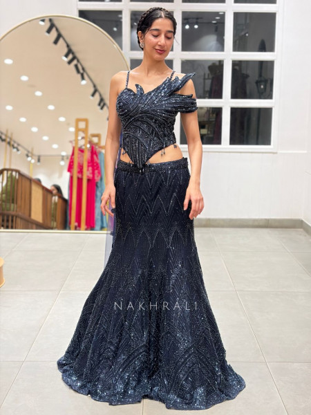 Graphite Blue Mesh Net & Shimmer Georgette Indo Western Mermaid Crop Top Skirt Set