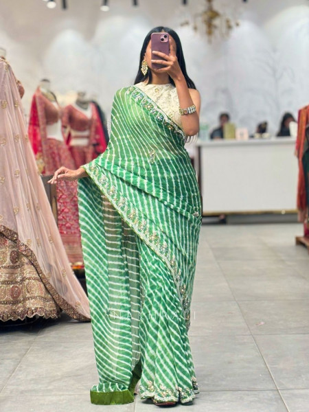 Avira Green Leheriya Saree with Embroidered Border