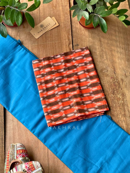 Sutra Blue Solid Cotton Saree with Printed Blouse