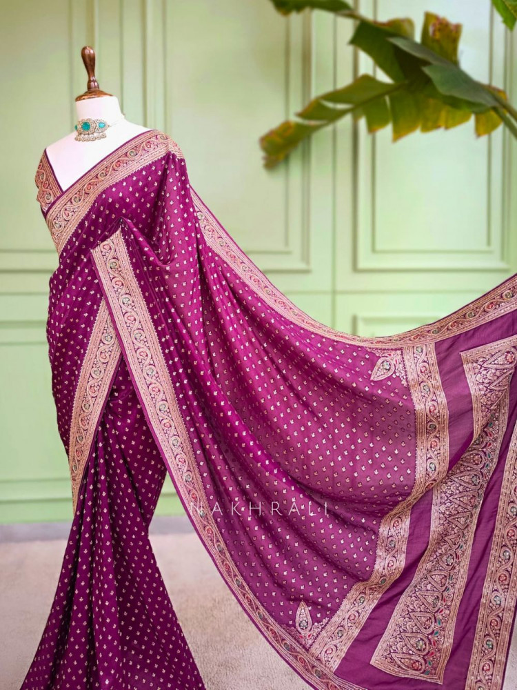 Image of Raaj-Kamal Wine Saree with Golden Zari Detailing