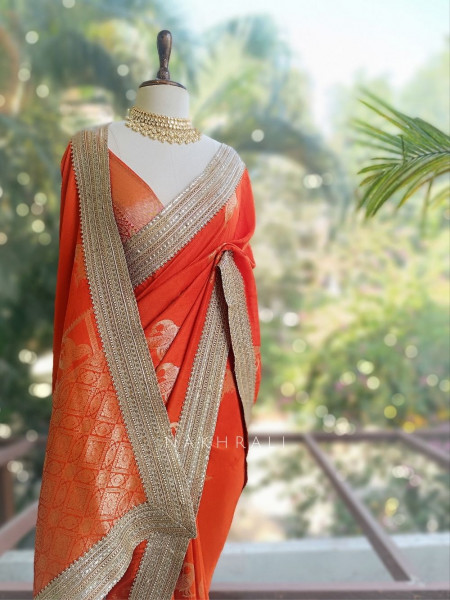 Tavira brick Saree with Broad Border and Unstitched Blouse Piece