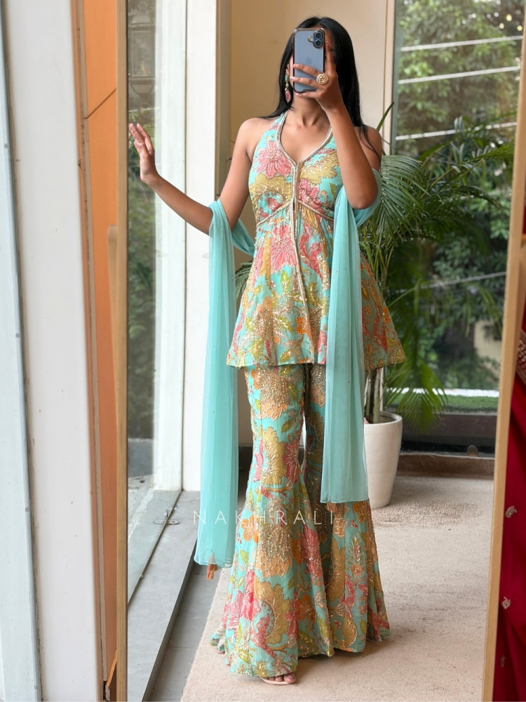 Image of Gul-o-Glow  Sea Green Halter Neck Floral Sharara Suit