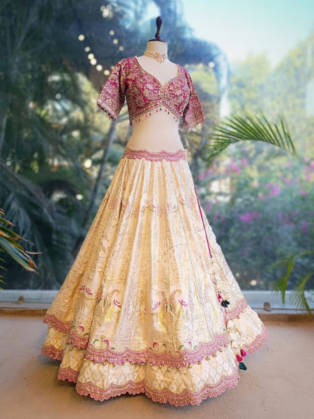 Marvena Magenta White Brocade Lehenga Set with Embroidery Work