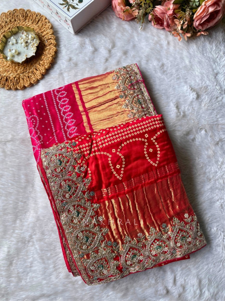 Noor-E-Rangati Red Bandhani Saree with Zari Border