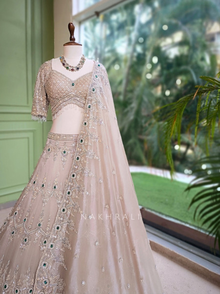 Frost Grey Satin Lehenga With Zardozi, Cutdana & Emerald Kundan Work