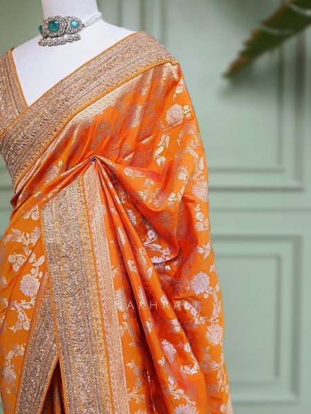 Kanakrekha Orange Banarasi Katan Silk Saree with Zari Jaal and Sequin Border