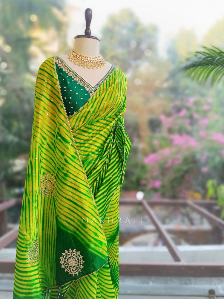 Image of Rangili Green Leheriya Saree with Gota Work Blouse