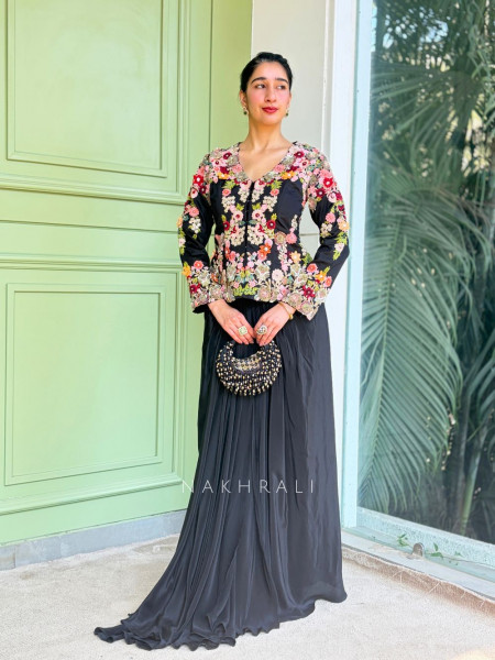 Averra Black Embroidered Jacket Skirt Set
