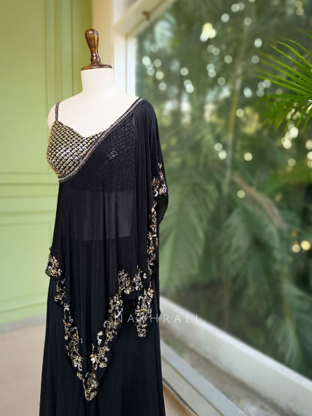 Ebon Grace Black Georgette Kaftan Set with Sequin Detail