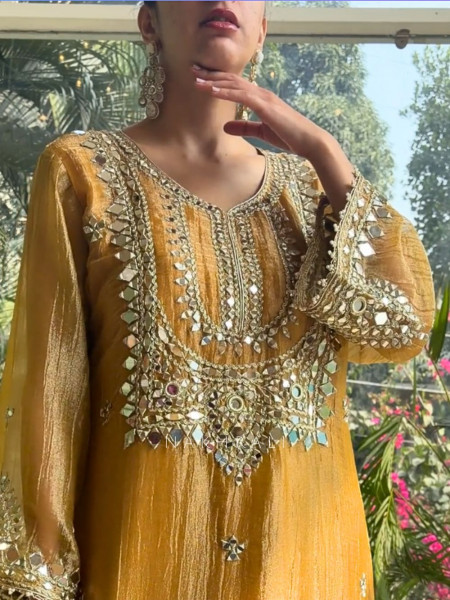 Poise Mustard Tissue Long Dress with Mirror and Zari Work