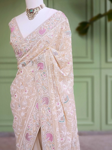 Keki Bloom Cream Chikankari  Saree With Running Blouse Piece Chikankari