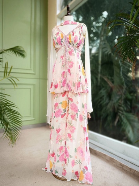 Bloom Whisper Floral Palazzo Set with Choker Dupatta