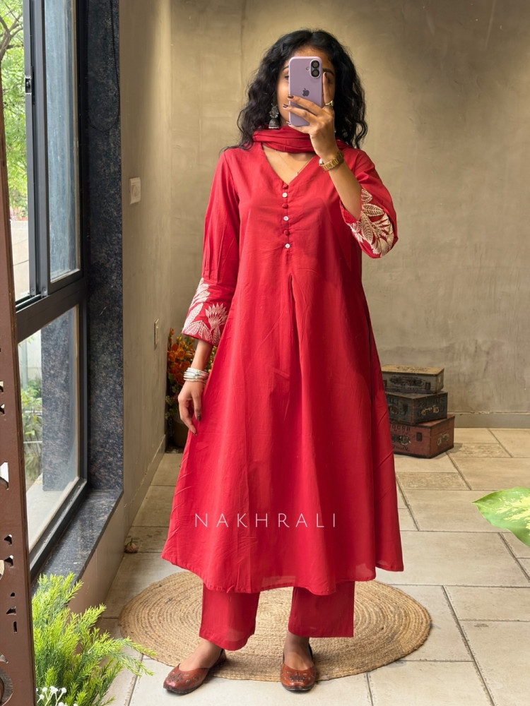 Image of Zoryn Red Anarkali Kurta Pant Set with Sleeve Embroidery