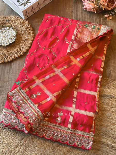 Koshira Red Pure Dola Silk Saree WIth Gotta Patti, Resham & Scalloped Zari Border